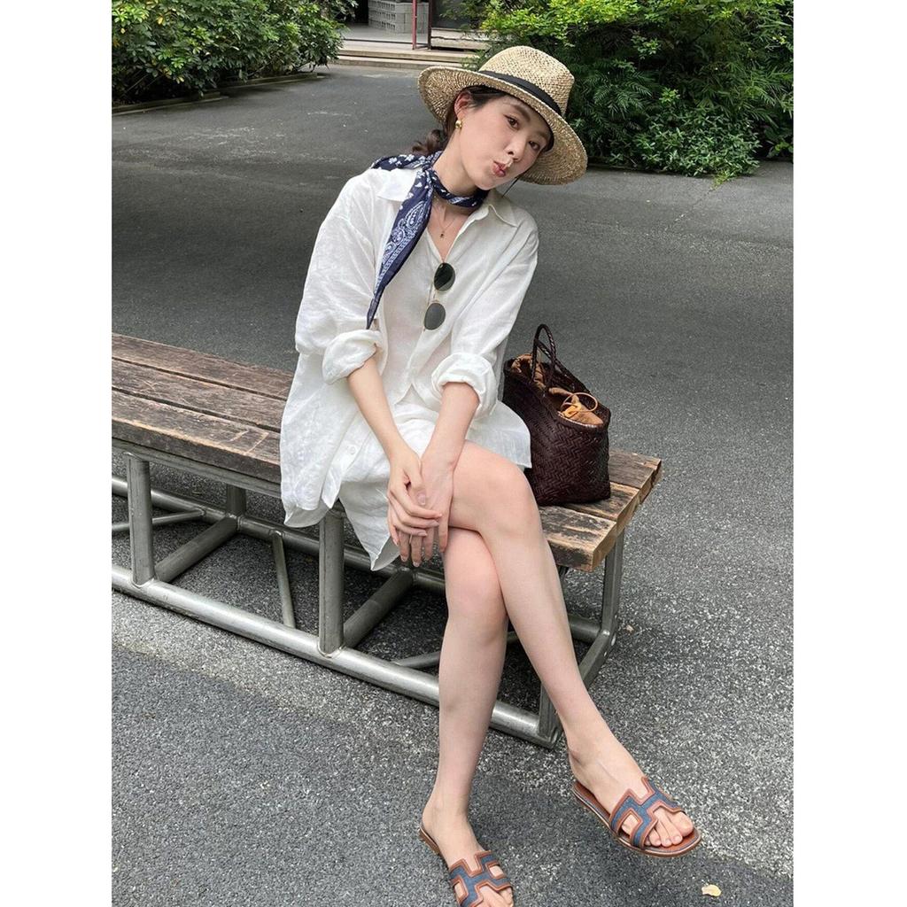 White Sunscreen Shirt with Elastic Waist Shorts, Summer Thin Old Money Style Wear, Linen Women's Cotton and Linen Suit