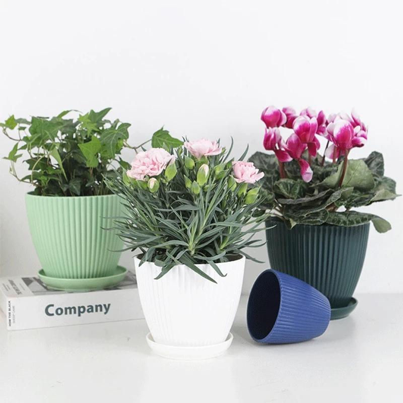 Succulent Potted Round Pot with Tray Plastic Flower Pot Vertical Striped Planters Double Layer Bonsai Home Office Desktop Decor