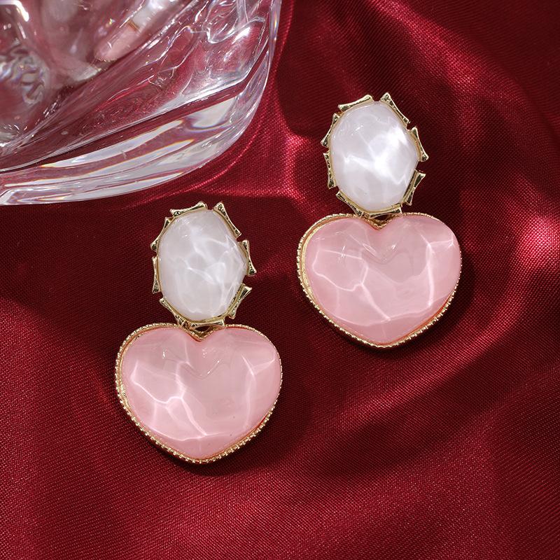 Autumn and Winter Blue Color-Block Water Ripple Heart Vintage Geometric Peach Heart Unique Light Luxury Design Earrings
