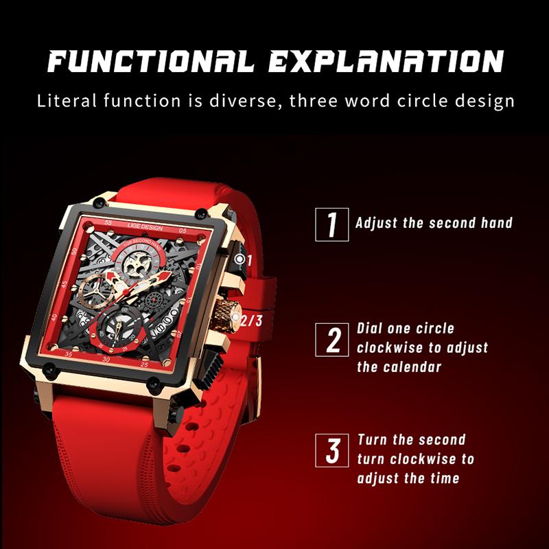 New Creative Hollow Chronograph Square Watch Man Fashion Business Silicone Waterproof Quartz Men's Watches Montre Homme+BOX