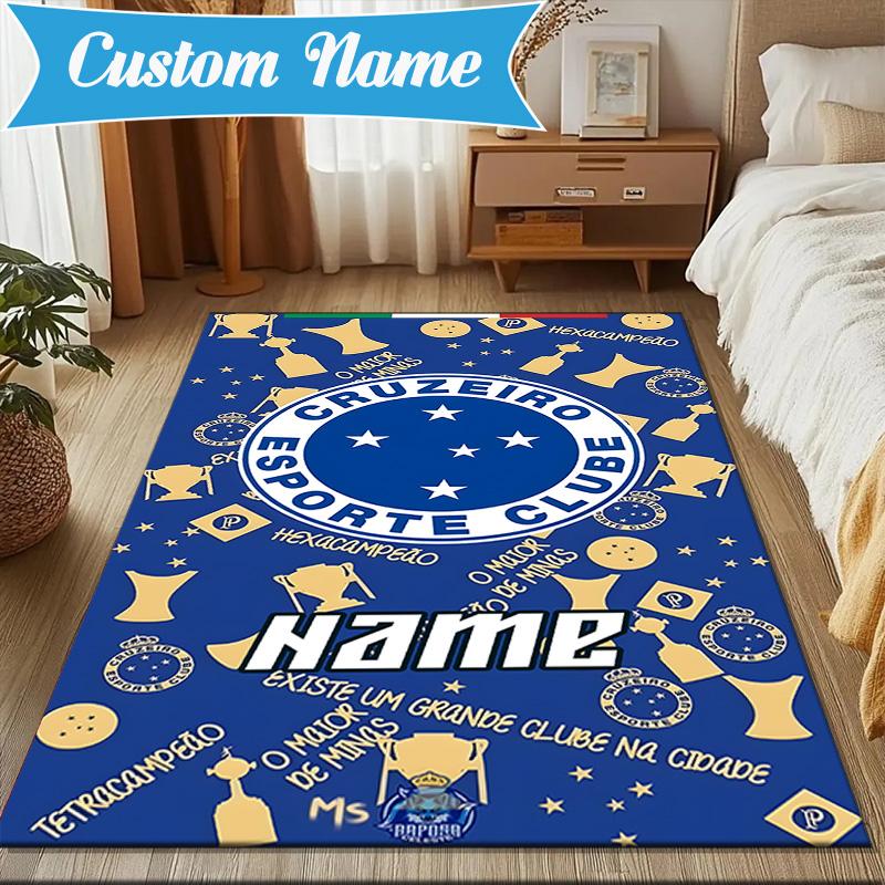 Custom Name Cruzeiro FC Crest Rug Game Carpet, Floor Mat for Bedroom Living Room Entryway Rug, Home Decor Idea Gift for Christmas Birthday