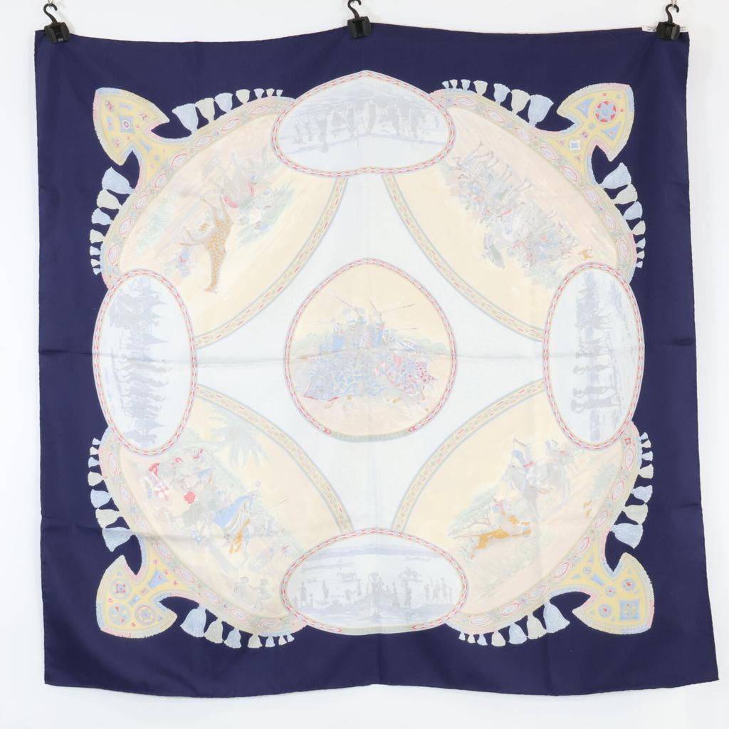 HERMES [Excellent Condition] CAVALIERS PEULS Silk Carre90 scarf Navy / multicolorUsed