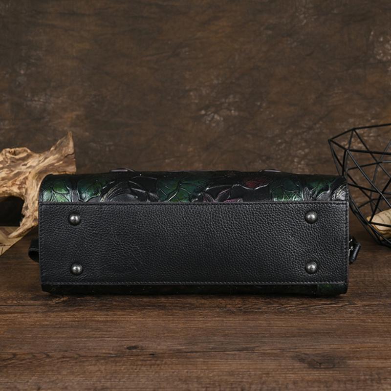 Johnature Genți de mână retro pentru femei din piele naturală, lucrate manual în relief, genți de umăr și crossbody versatile