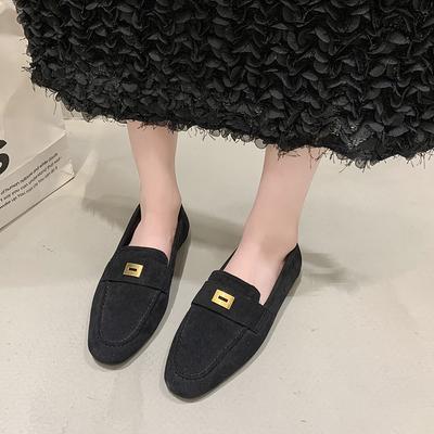 Fashion Loafers for Women's Suede Metal Square Buckle Flat Sole Early Spring New Retro British Style One Foot Soft Sole Single Shoes