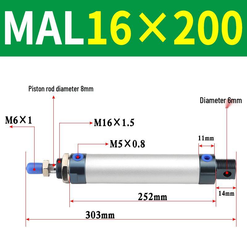 Mini Aluminum Alloy Pneumatic Cylinder - Round, Sizes 16/20/25/32/40 x 25/50/75/100/200