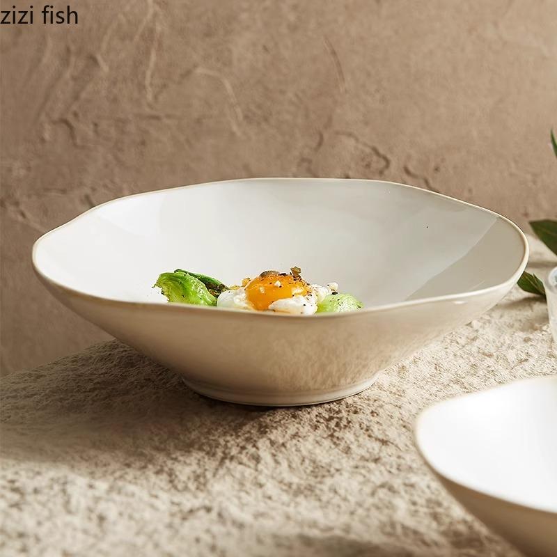 Beige Color Ceramic Bowl Irregular Dessert Bowl Soup Bowl Spaghetti Bowls Salad Bowls Deep Bowls Molecular Cooking Tableware