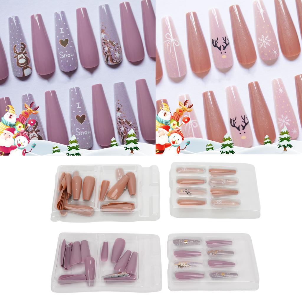 30PCS Nail Art Stickers with Glue Full Coverage Decorative Plastic Fake Nails Christmas Style