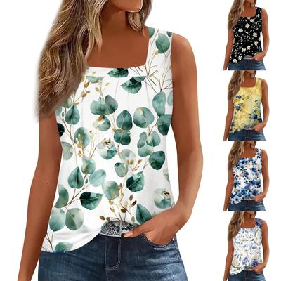 Square Collar Tank Top Women Print Tank Tee Casual Loose Fit Sleeveless Shirt