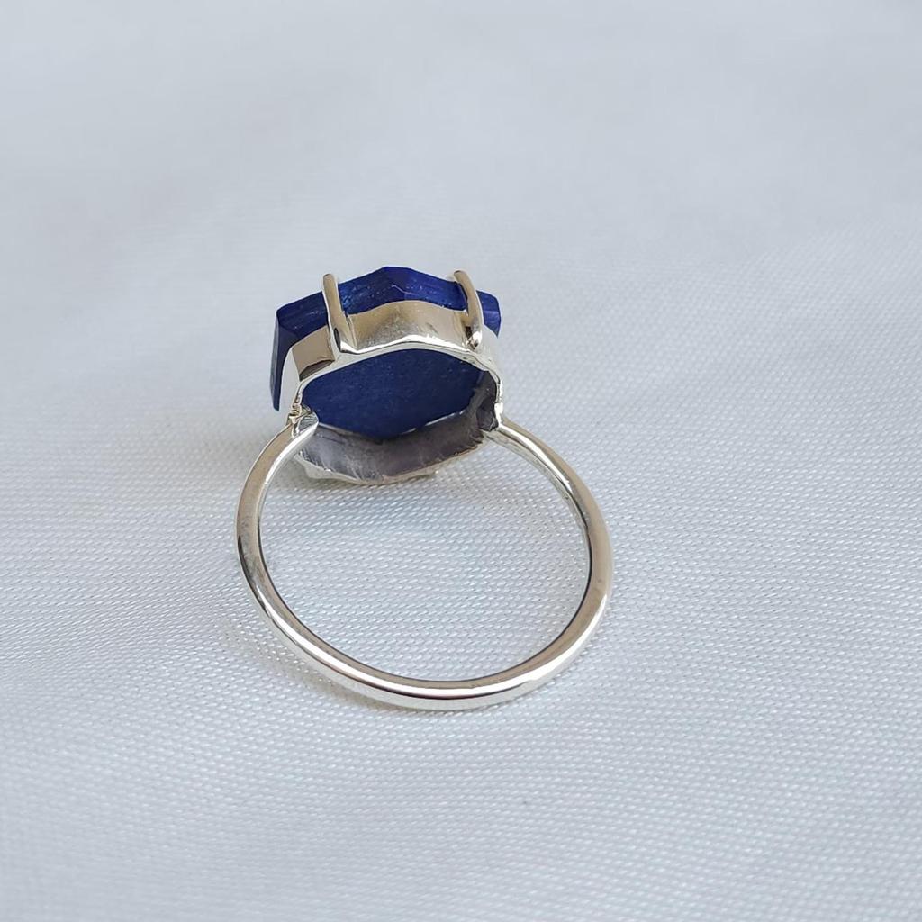 Hexagon Prong Set Lapis Lazuli 925 Sterling Silver Ring Jewelry, Handmade Lapis Ring Jewelry