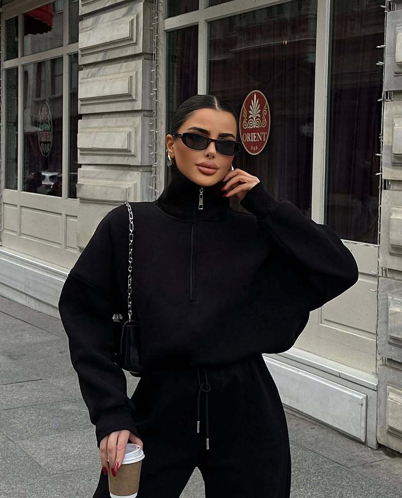 Graues Kapuzen-Sweatshirt mit Reißverschluss und weitem Hosenanzug