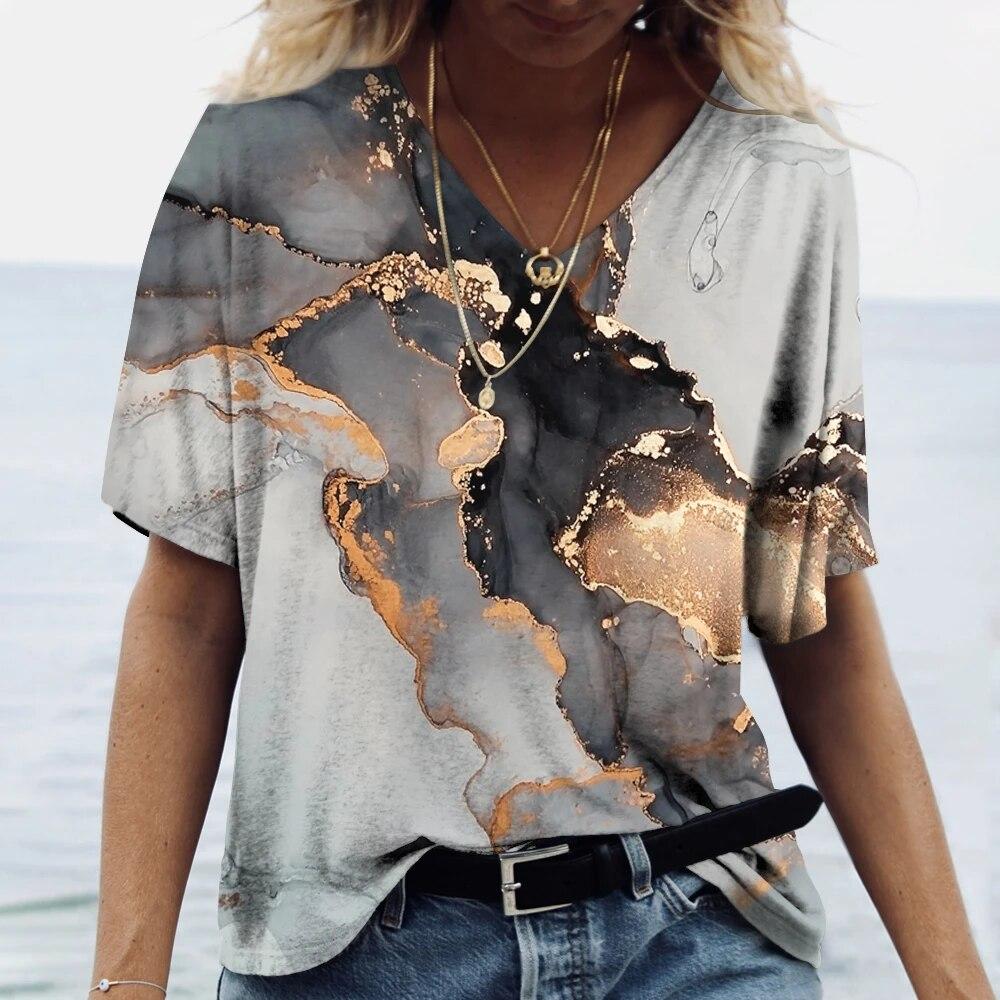 Summer Fashion Textured 3D Print T-shirts Women Casual Streetwear Short Sleeve V-Neck T Shirt Harajuku Tees Tops Clothing