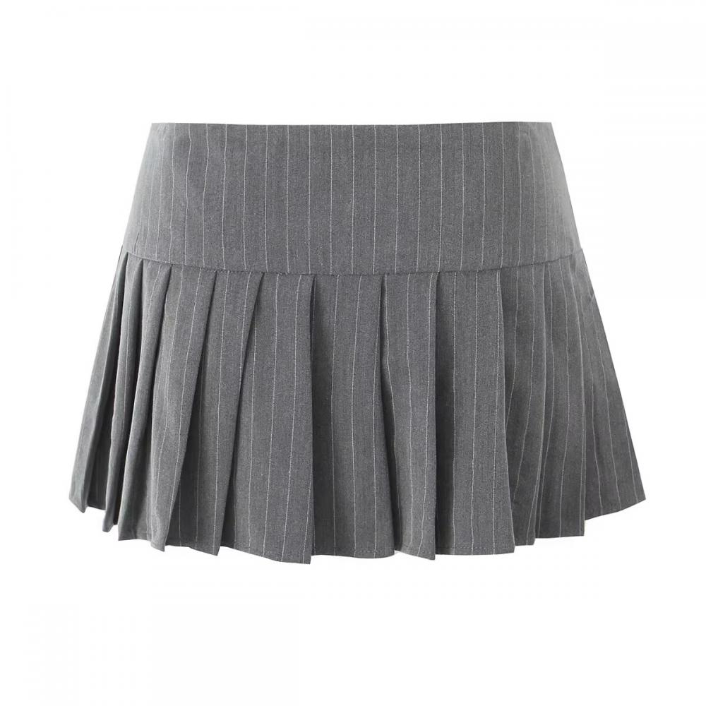 Vintage Y2k Striped Pleated Skirt Women Sexy Preppy Style Low Waist Button Slim A-line Micro Mini Skirt Streetwear