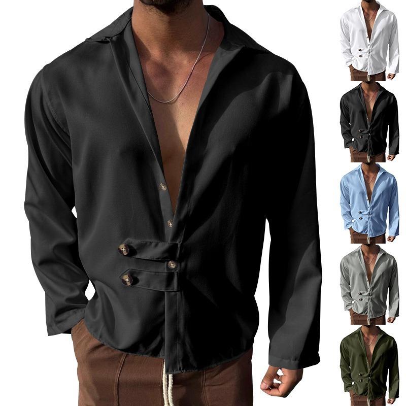 Mens Solid Color Casual Lapel Long Sleeve Shirt