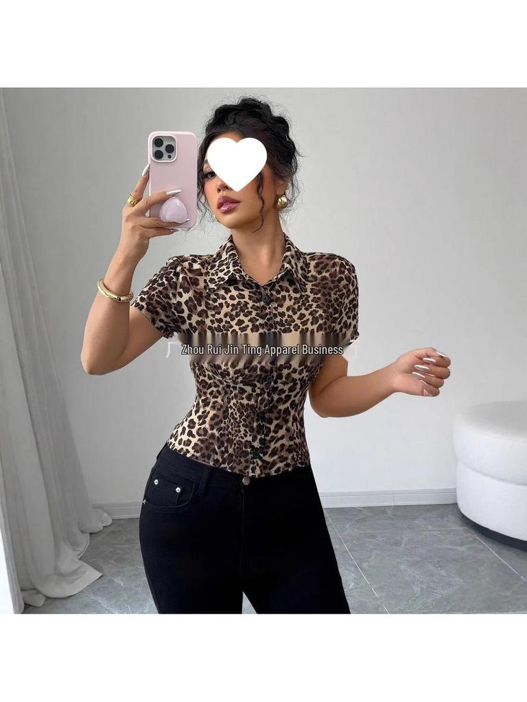 2025 Summer Women's Slim Fit Leopard Print Short-Sleeve Fashion Shirt