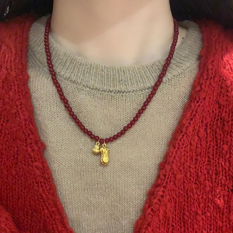 18k real gold electroplated peanut pendant beaded necklace retro design sweater chain necklace