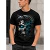 Men's Gothic Skull & Raven Graphic Tee, Short Sleeve Crew Neck Soft Cotton Blend, Edgy Fantasy Art Print for Streetwear & Casual Wear