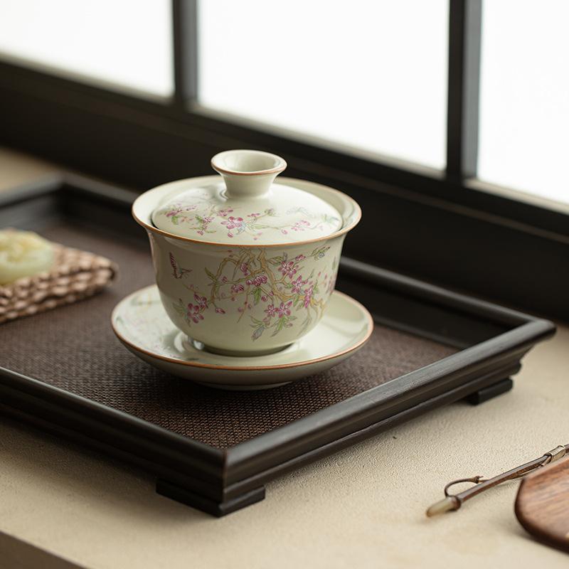 Ru Kiln Wisteria Flower Sancai Cover Bowl Chinese High-end Ceramic Tea Bowl Kung Fu Tea Set Cover Bowl Cup Single Tea Ware