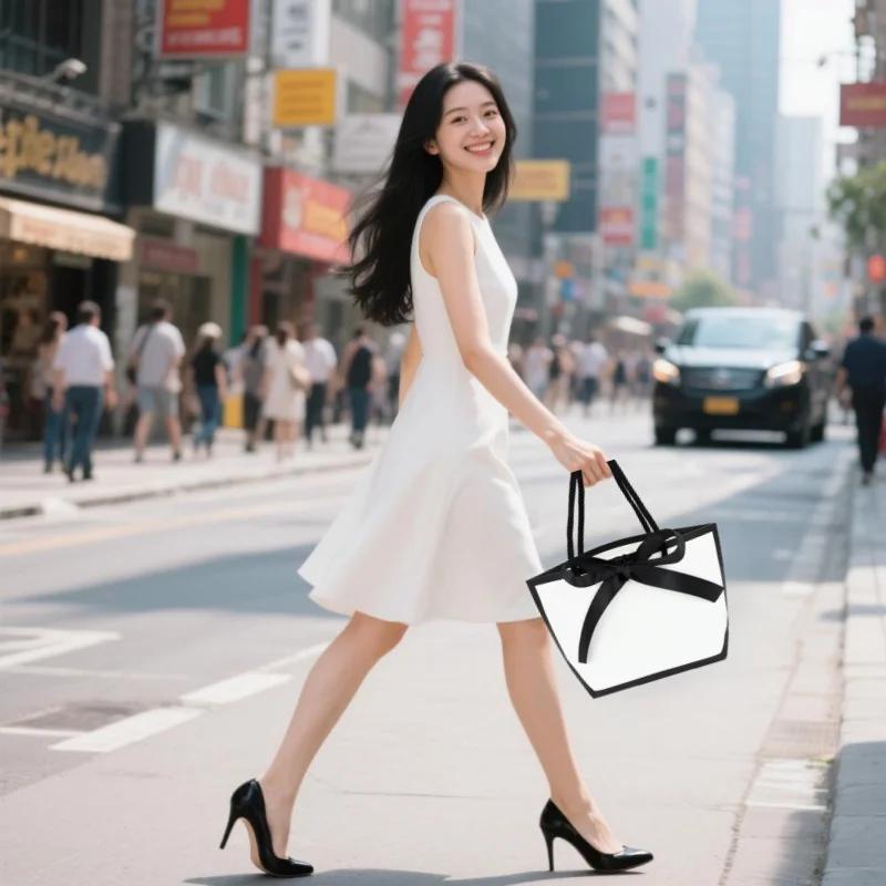 Portable Shopping Handbag White Cardboard Paper Tote With Black Border Gift Packing Bags Large Capacity Sundries Storage