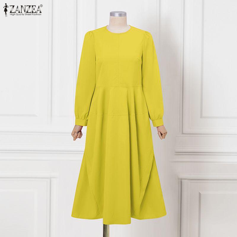 

ZANZEA Женское платье с круглым вырезом, однотонное, с длинным рукавом, свободного кроя, повседневное, плиссированное, длинное 5XL жёлтый