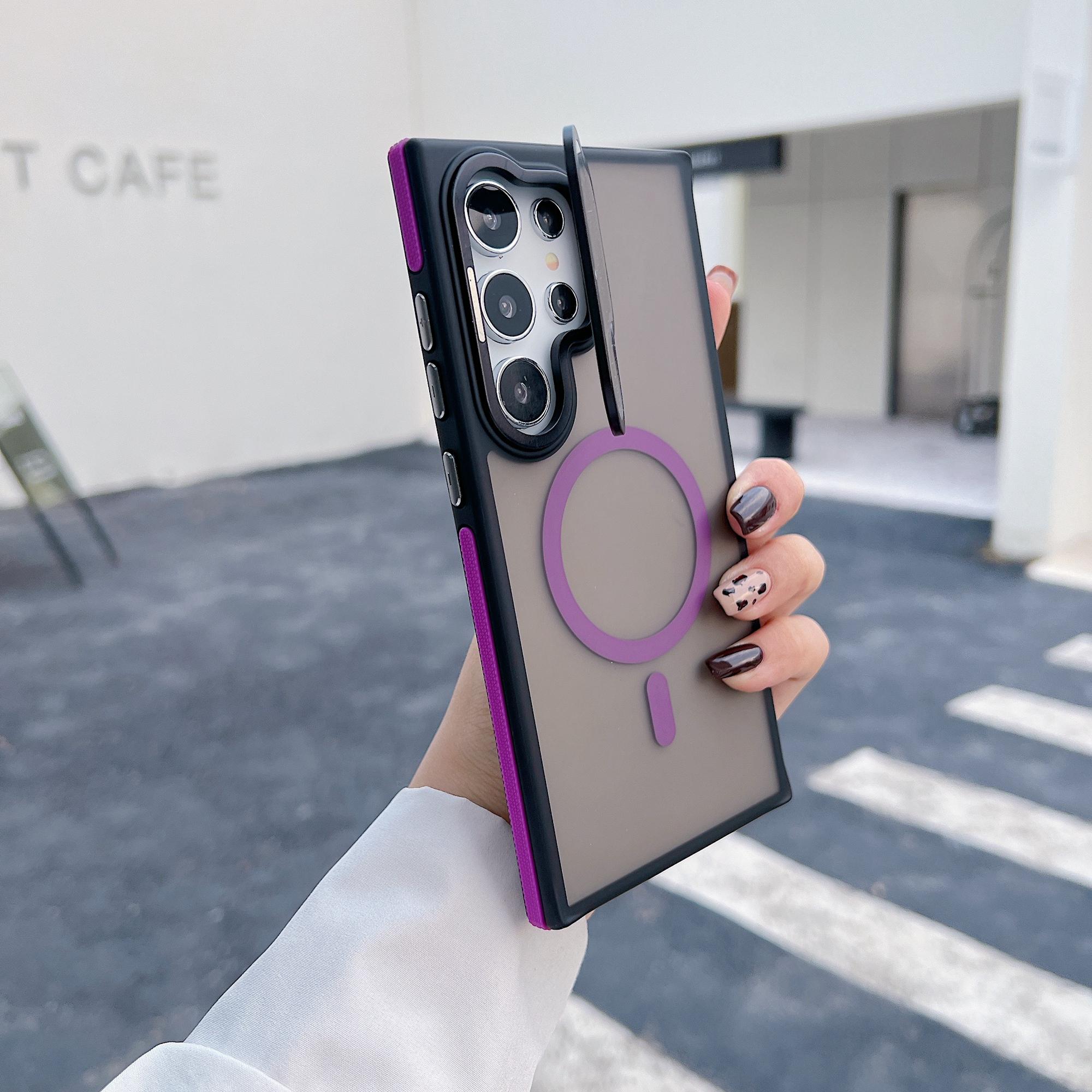 

For Samsung Galaxy S24 Ultra Magnetic Case Skin-Touch TPU Acrylic Phone Back Cover with Lens Protector Kickstand D