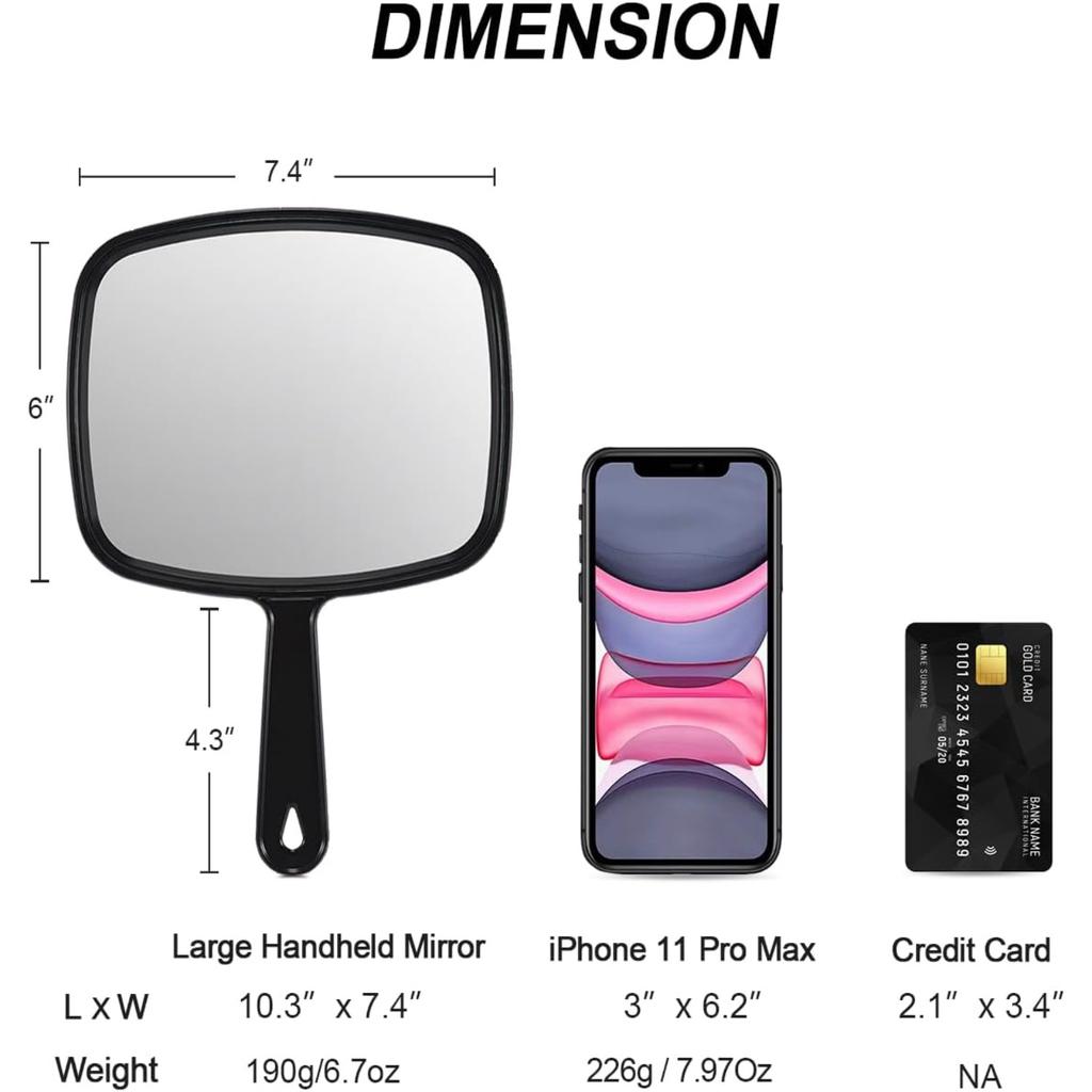 10.3" L x 7.4" W Hand Mirror for Home and Barber, Black