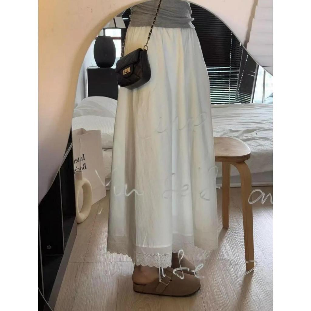 2026 New Arrival: High-End Korean Style White Lace Trim Midi Skirt for Petite Women - A-Line Umbrella Design