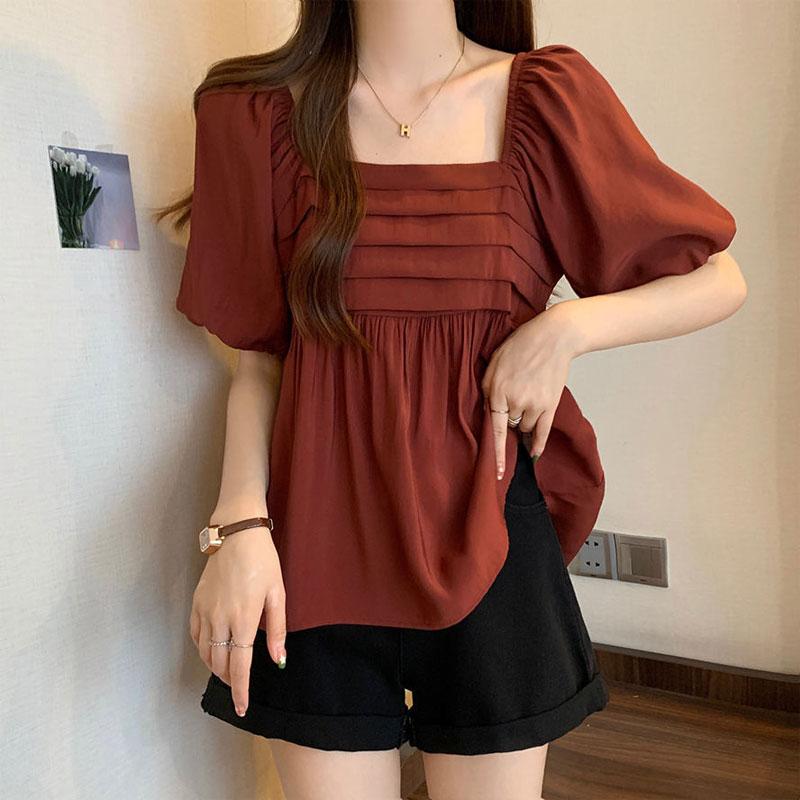 French Style Puff Sleeve Loose Blouse Summer Elegant Square Collar Women's Clothing Fashionable Pleated Basic Solid Color Shirts