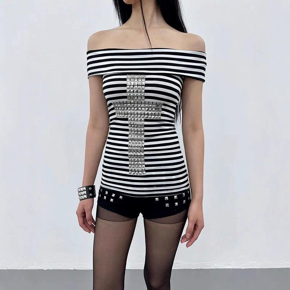 Retro American Rhinestone Cross One-Shoulder Slim-Fit Top Large