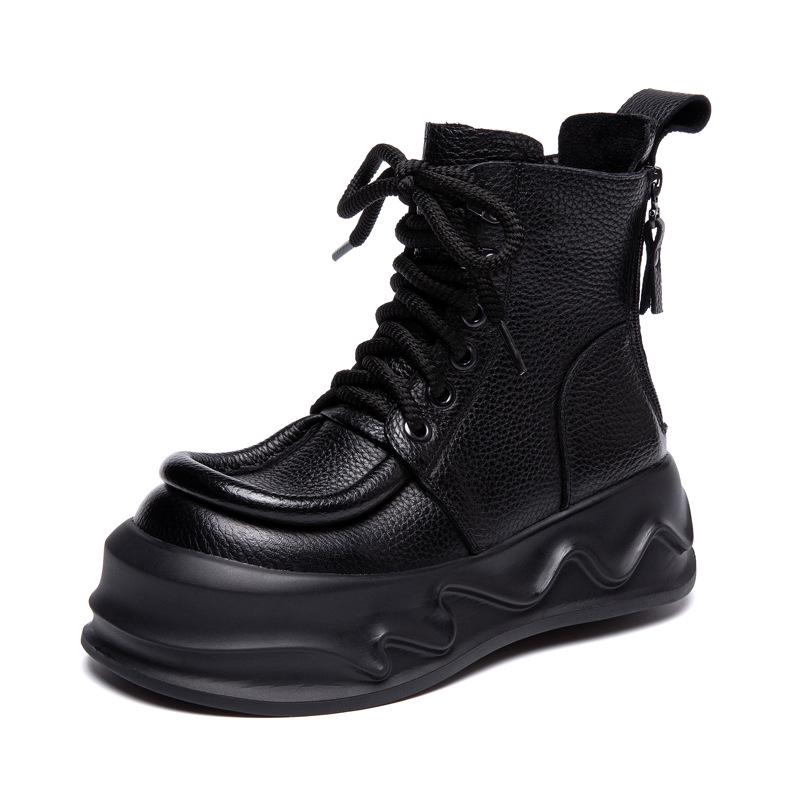 Women's Genuine Leather Retro Martin Boots - British Style Slimming Ankle Hiking Boots with Thick Sole for Autumn/Winter 2025