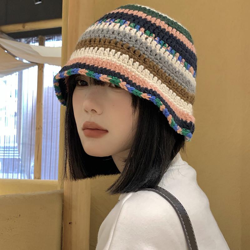 Handmade Knit Color Block Fisherman Hat Women Winter Warm Wool Cap Ins Style