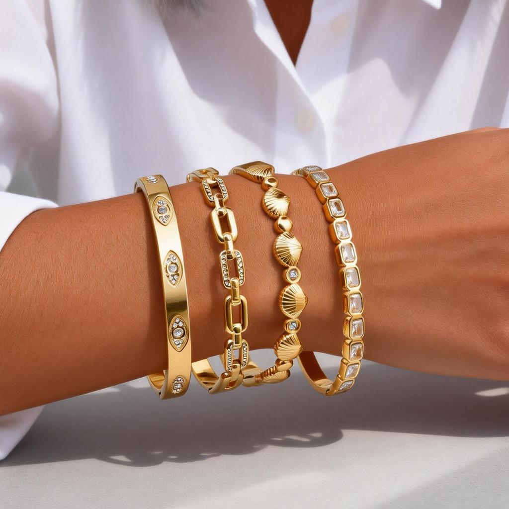 Luxury Sparkling Inlaid Zircon Stainless Steel Bracelets for Women Fashion Gold Plated Open Bangle Non Fading Jewelry Gift