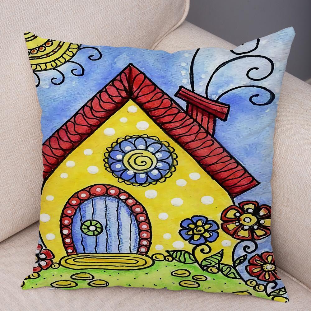 Children Oil Painting Art Cushion Cover Both Sides Plush Pillow Case Decor Cartoon Plant Throw Pillowcase for Sofa Home Car