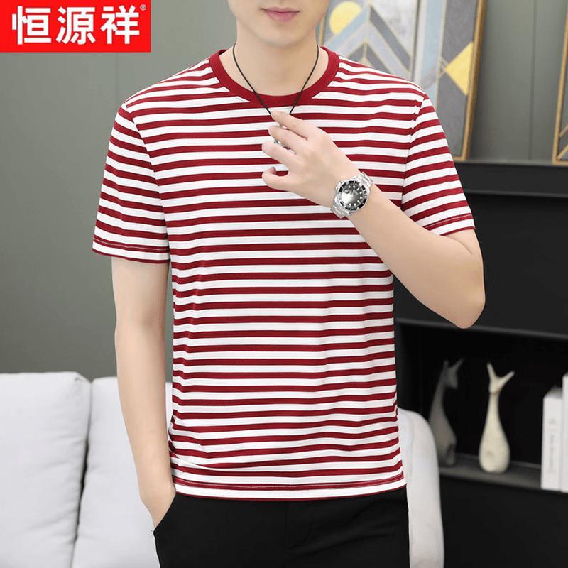 Hengyuanxiang Men s Striped Cotton Blend Short-Sleeve T-Shirt XL