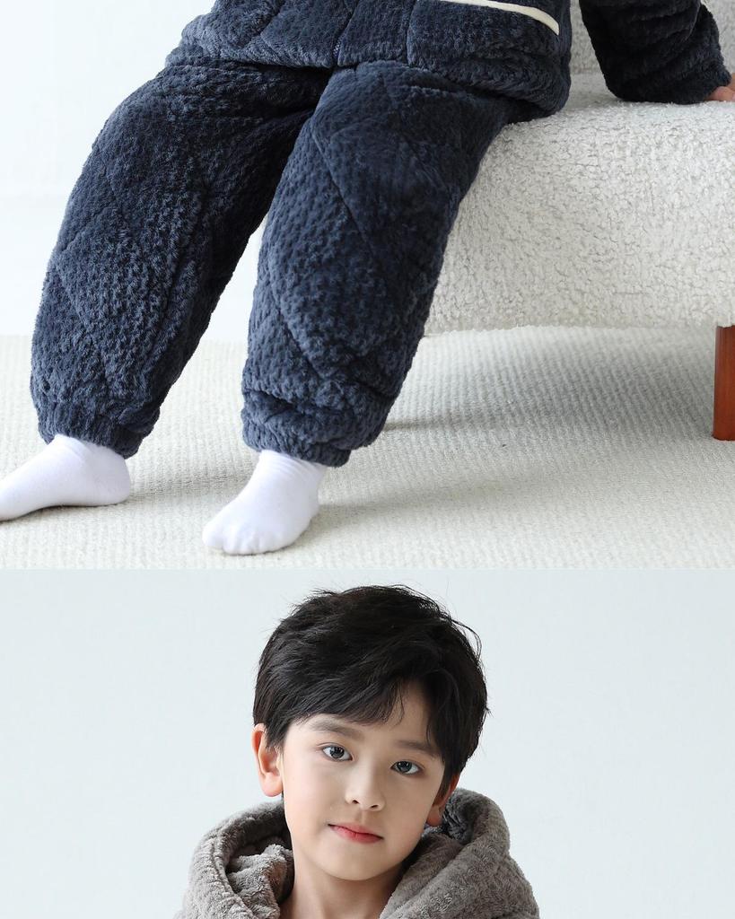 Boys' Winter Quilted Flannel Pajamas - Three-Layer, Medium & Large, Coral Fleece Warm Homewear
