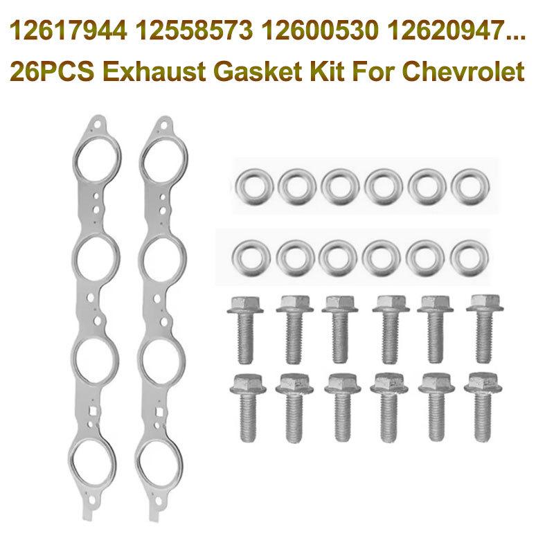 26PCS Exhaust Gasket Kit For Chevrolet LS1 GM 4.8L C5.3L 5.7L 6.0L 6.2L 12617944 12620947 Exhaust Manifold Header Gasket