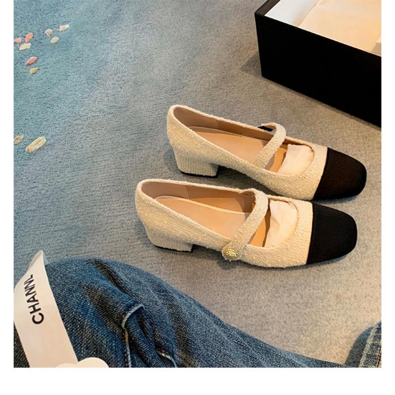 

Leather shoes woolen high heels women s one-button thick heel Mary Jane shoes versatile shoes light mouth single shoes 40