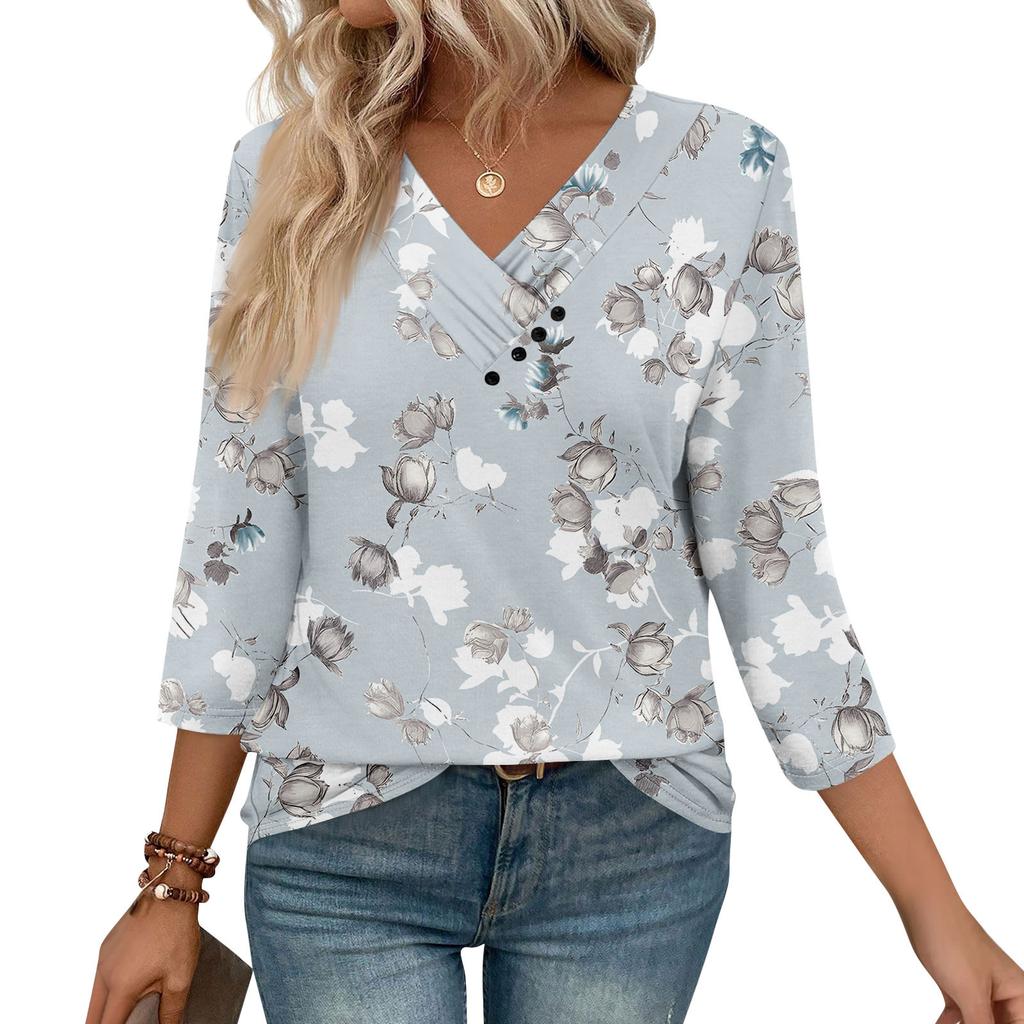 Womens 3/4 Sleeve Daily Weekend V Neck Casual Printed Tshirts Loose Fit Pleated Tees Button Down Shirts