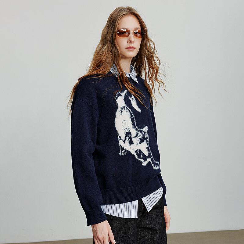 Chuyu Women's Cat Jacquard Round Neck Sweater