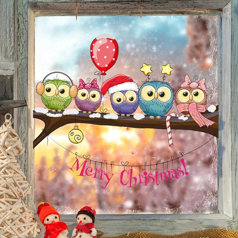 Buon Natale Adesivi murali per finestre Poster Decalcomanie Gufo impermeabile Capodanno Decorazioni per l'albero di Natale Decorazioni per la casa Natale