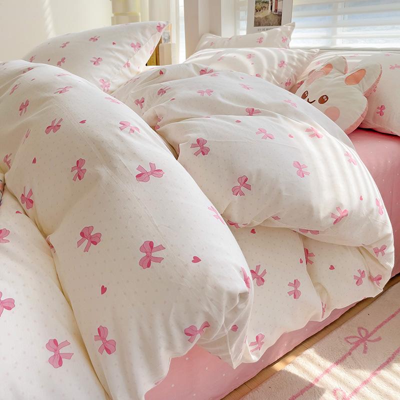 

INS Girls Pink Bow Bedding Sets 2025 New 100% Cotton Bed Sheet Set Women Queen Size Duvet Cover Sets With Pillowcases Flat Bed Sheet&Single150x200 3pcs
