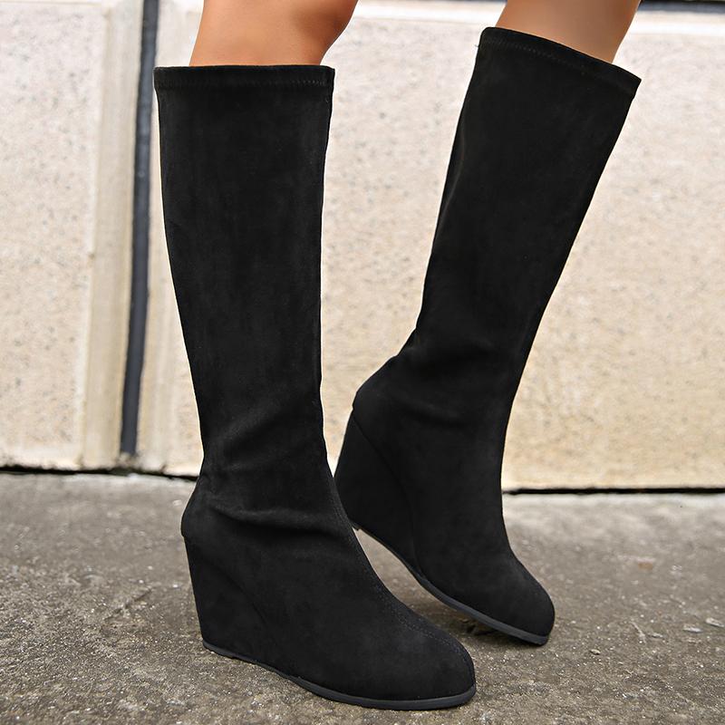 

Женские высокие сапоги на танкетке, высокие каблуки, замшевые туфли до колена, женская мода 2025 года, зимние модные зимние новые мотоциклетные сапоги Mujer 39 чёрный