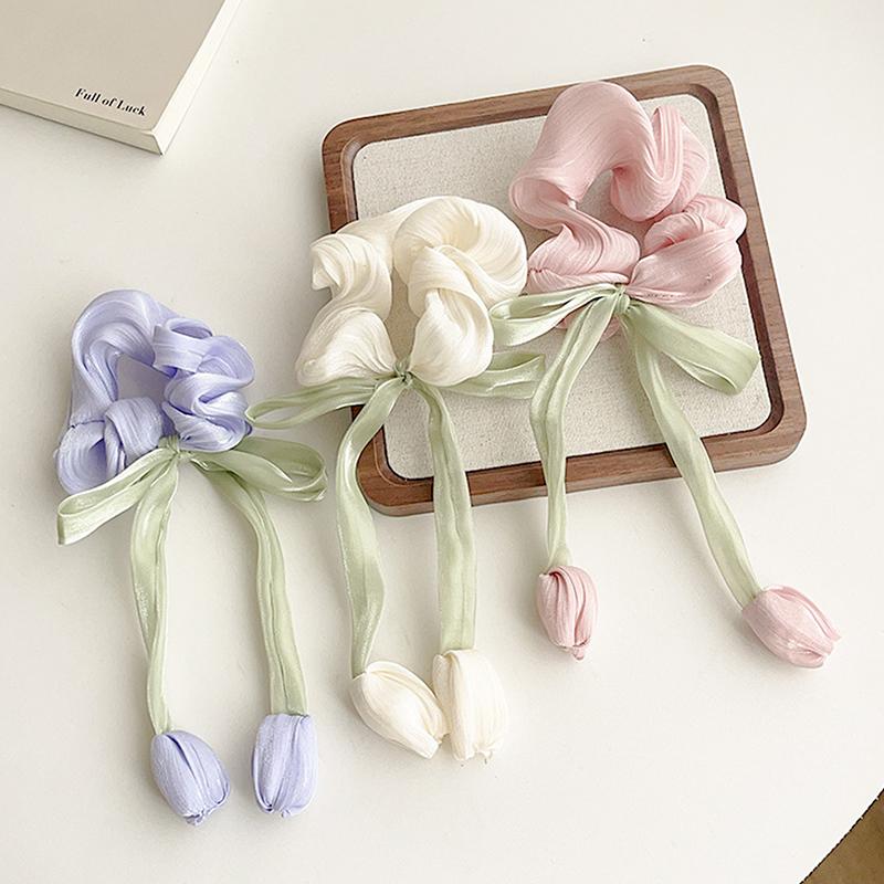 Cute Women's Girls Korean Style Hair Bands Elegant Tulip Scrunchie Ponytail Holder Bow Elastic Hair Ties Accessory
