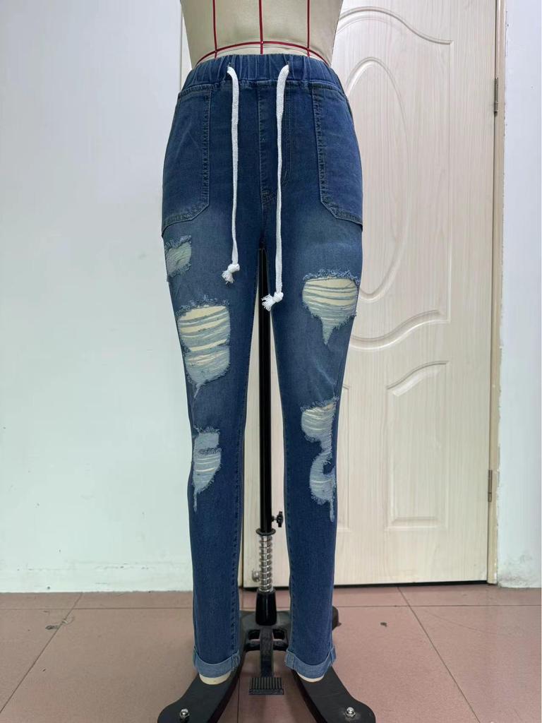 European & American Women's Elastic Waist Skinny Jeans - Stretch Ripped Cropped Style
