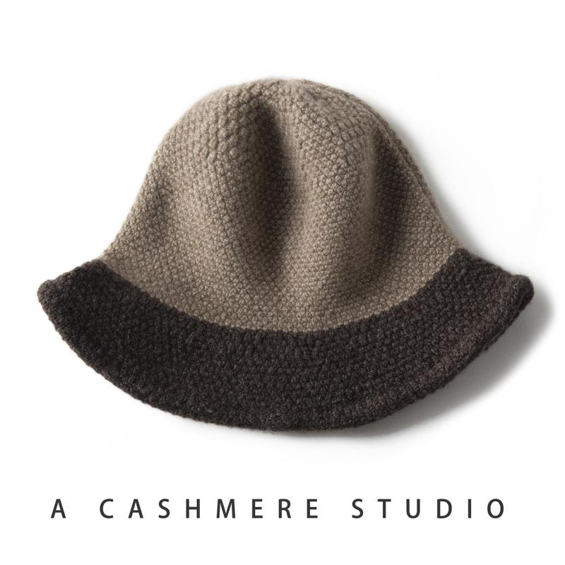 Cashmere hat women's color matching bucket hat warm ear protector basin hat fashionable versatile face small knitted hat winter