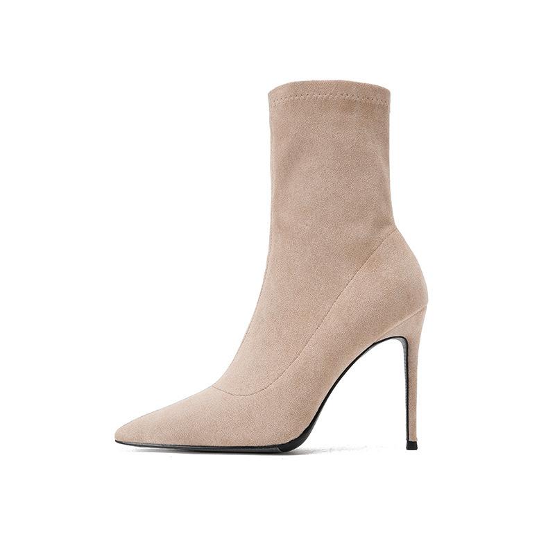 2025 Autumn and Winter New Short Boots Women's High Heel Thin Heel Pointed Black Elastic Thin Boots Versatile Internet Celebrity Medium Single Boots