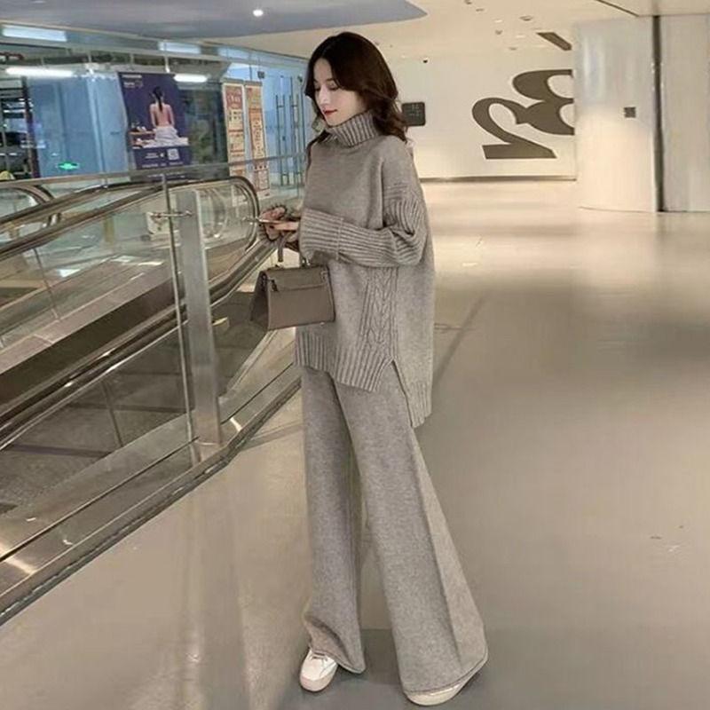 Podzim Zima Volný Ležérní Svetr Kalhoty se Širokými Nohavicemi Dvoudílný Set Ženy Líný Styl Hong Kongská Móda