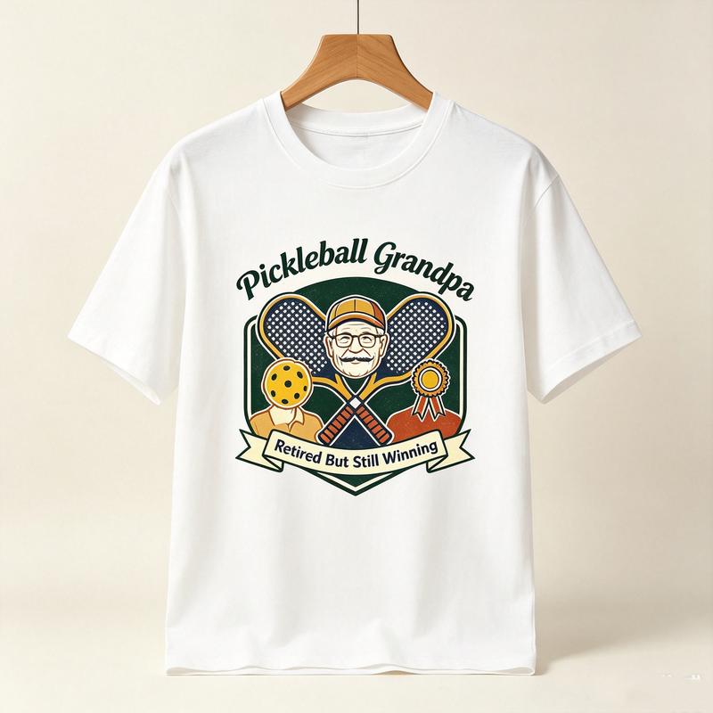 Pickleball Grandpa Retired But Still Winning Vintage Shield Crest Graphic T Shirt Unisex Casual Cotton Short Sleeve Tops Funny