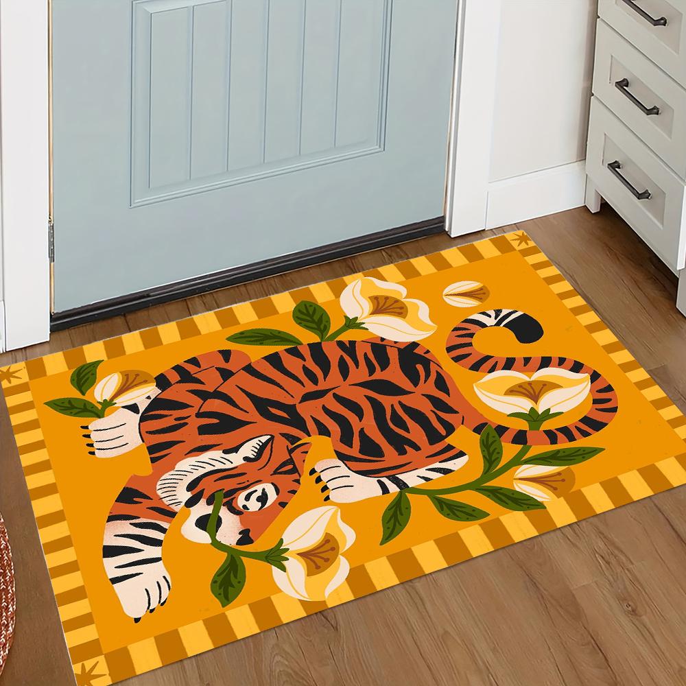 

Retro Tiger Welcome Door Mat with Pattern Mat Rugs for Kitchen Bathroom Checkered Border bedroom Home Decoration Carpet 50X80CM