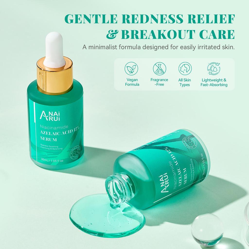 ANAiRUi Azelaic Acid 12% Serum for Face, Oil Control, Redness Relief, Tone Evening, 30ml
