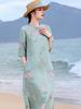 Chinese-Style Ramie Cheongsam Dress with Artistic Lotus & Fish Embroidery and Frog Buttons - Summer New Style